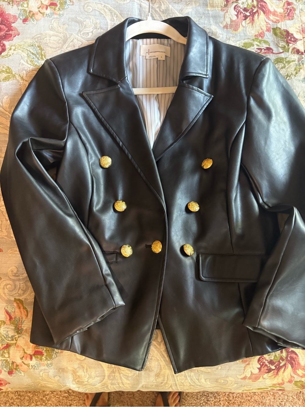 Anthropologie Black Faux Leather Double-Breasted Blazer with Gold Buttons - Picture 3 of 4